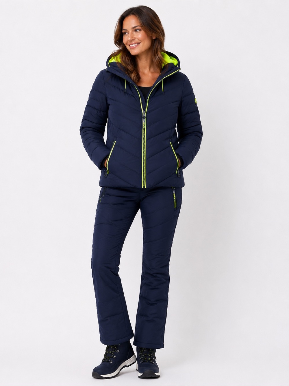 Superdry Navy Puffer Ski Snow Jacket Neon Lime Hooded Size L